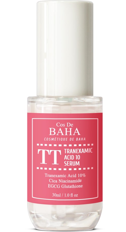 En liten, klar flaska med vit kork och rosa etikett, innehåller serum för hudvård.