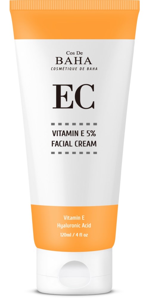 En tube med ansiktskrem merket EC, som inneholder vitamin E og hyaluronsyre, fra Cos De Baha.