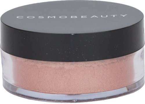 En rund behållare med rosa löspuder smink med svart lock märkt 'COSMO BEAUTY'.
