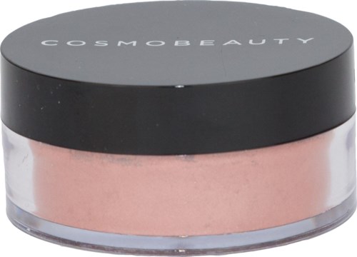 En liten rund burk med svart lock märkt 'Cosmo Beauty' innehåller rosa puder eller kräm.