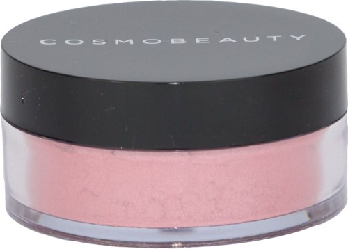 En rund behållare med svart lock märkt 'COSMO BEAUTY' och rosa pulver inuti.