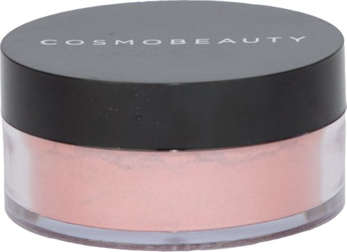 En rund kosmetikburk med rosa kräm inuti, svart lock märkt 'COSMOBEAUTY'.