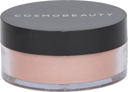 En rund behållare av COSMOBEAUTY smink med ett grått lock och ljusrosa produkt inuti.