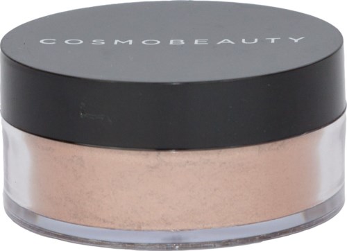 Ett runt kosmetikaförråd med svart lock som säger "COSMEBEAUTY" och en nude-färgad produkt inuti.