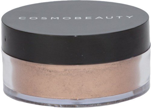 En rund makeupburk med svart lock märkt 'COSMO BEAUTY'. Burken innehåller en beige, skimrande produkt.
