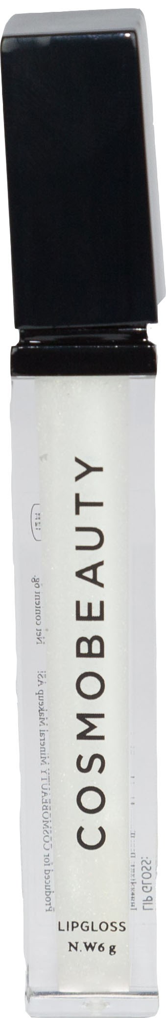 En vit läppglansrör med svart lock, märkt "COSMOBEAUTY" och "LIPGLOSS".
