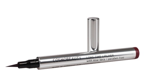 En silver flytande eyelinerspen med svart spets, märkt "Cosmoreality" och "paraben free," utan kork.