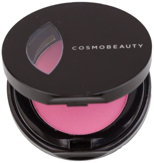 Cosmobeauty rouge i ett runt svart kompakt med ett genomskinligt lock, visar rosa puder inuti.