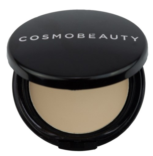 En rund svart behållare med en lock som säger "COSMOBEAUTY" och är delvis öppen för att visa beige make-up.