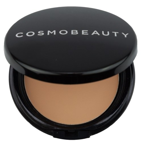 En rund svart sminkask med varumärket 'COSMO BEAUTY' på locket, öppnad för att visa beige puder inuti.