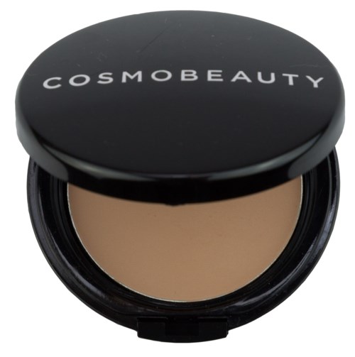 En rund svart behållare med 'COSMO BEAUTY' skrivet på locket, innehållande beige makeup-puder.