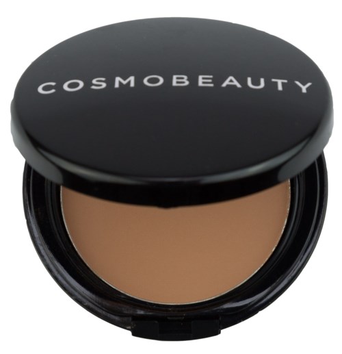 Ett runt sminklock med svart lock som säger 'COSMOBEAUTY' och beige puder inuti.