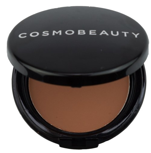 En rund makeup-kompakt märkt 'COSMO BEAUTY' med brunt puder inuti.