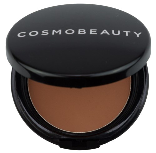 En liten kosmetik med svart lock märkt 'COSMO BEAUTY' och ljusbrun puder inuti.