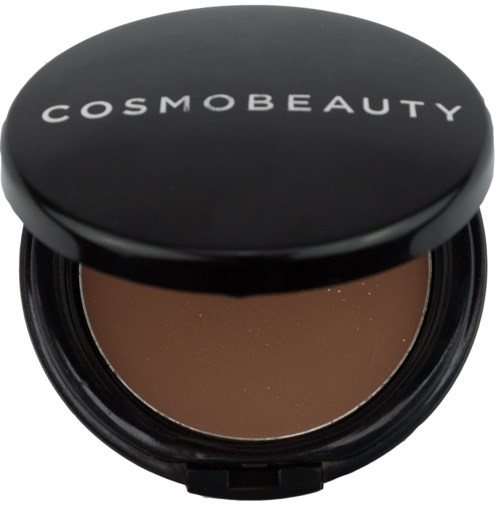 En rund svart sminkkompakt med varumärkesnamnet 'COSMOBEAUTY' på locket, innehållande brunt puder.