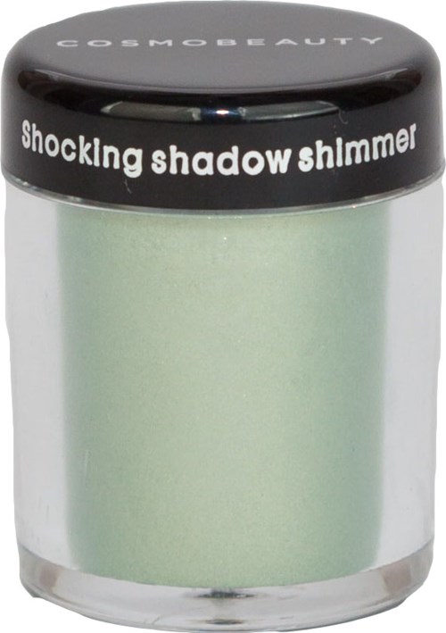 En liten burk märkt 'Shockling shadow shimmer' med ljusgrönt innehåll och svart lock.