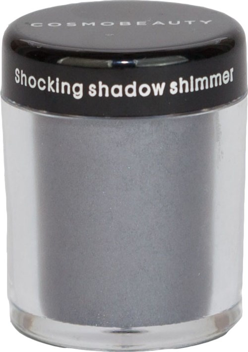 En liten silverburk med svart lock märkta 'Cosmo Beauty' och 'Shocking shadow shimmer' på toppen.
