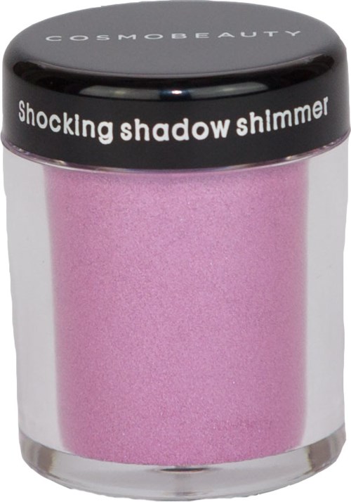 En liten rosa behållare märkt 'shockling shadow shimmer' från Cosmobeauty med ett svart lock.