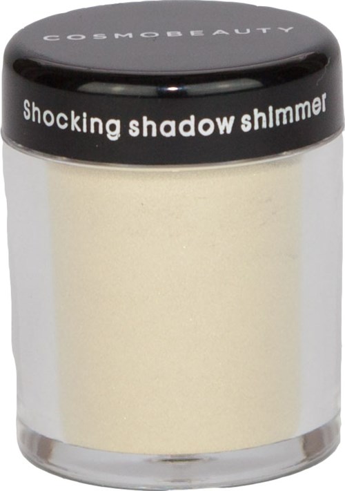 En liten burk med svart lock märkt 'Cosmo Beauty' och 'shocking shadow shimmer', innehållande ljusfärgad ögonskugga.