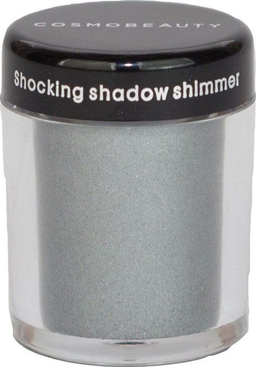 En liten silverburk med svart lock märkt 'Shockingly shadow shimmer' för kosmetika eller smink.
