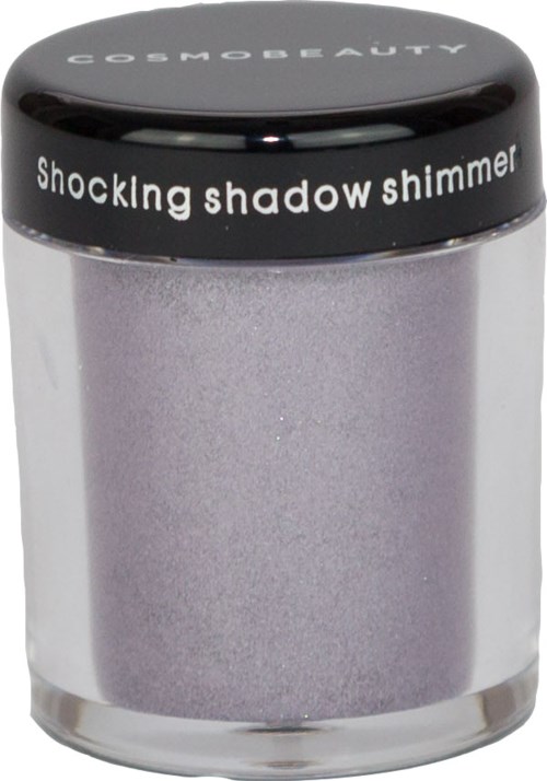 En burk märkt 'Shockling Shadow Shimmer' från COSMOSBEAUTY, innehållande glittrande silverpulver för makeup.