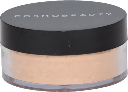 En rund behållare med svart lock som visar märket CosmosBeauty, fylld med ett ljusfärgat pulver eller kräm.