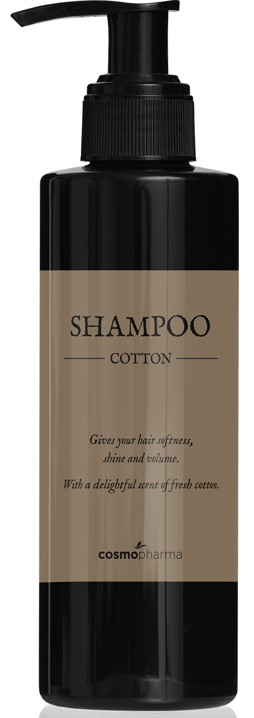 Svart sjampo-flaske med beige etikett som sier 'SHAMPOO COTTON' og pumpeholder.