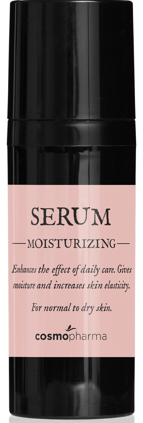 Svart flaska med rosa etikett, orden 'Serum Moisturizing', från Cosmo Pharma, för hudvård.