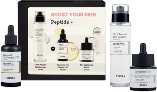 Set med tre hudvårdsflaskor märkta avancerad vitamin C, hudboost och retinol, med en box som visar samma produkter.