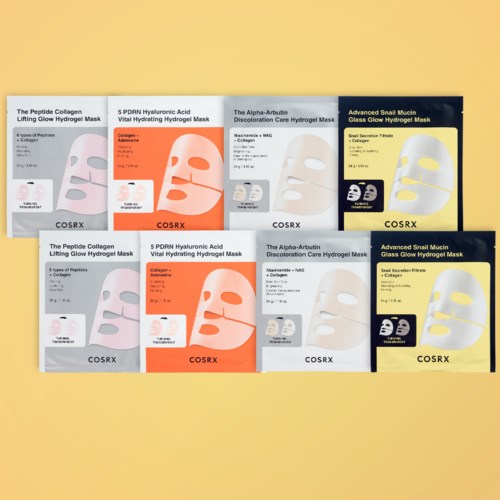 Verschillende gezichtsmasks met verschillende ingrediënten en doeleinden. Verpakkingskleuren omvatten wit, oranje en geel.