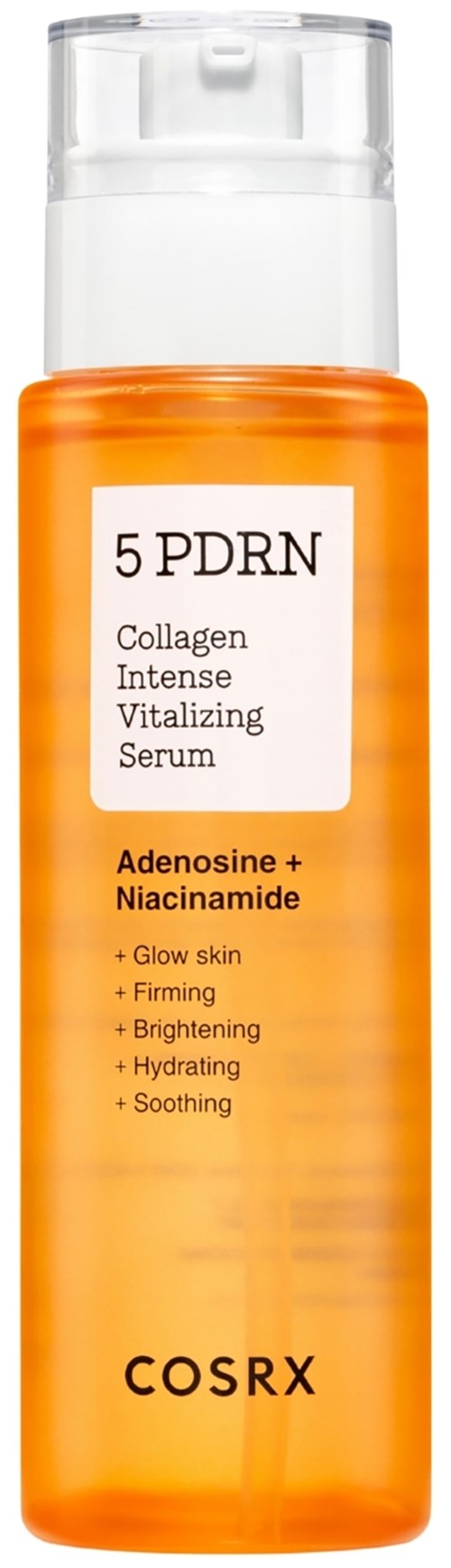 En oransje flaske med hvit kork, merket '5 PDRN Collagen Intense Vitalizing Serum' av COSRX, fordeler huden.