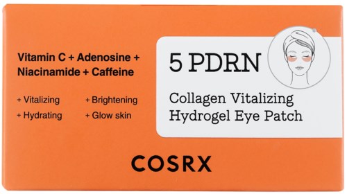 Orange æske med øjenlidssplaster, indeholder vitaminer C, A, Niacinamide, koffein til hudforbedring.