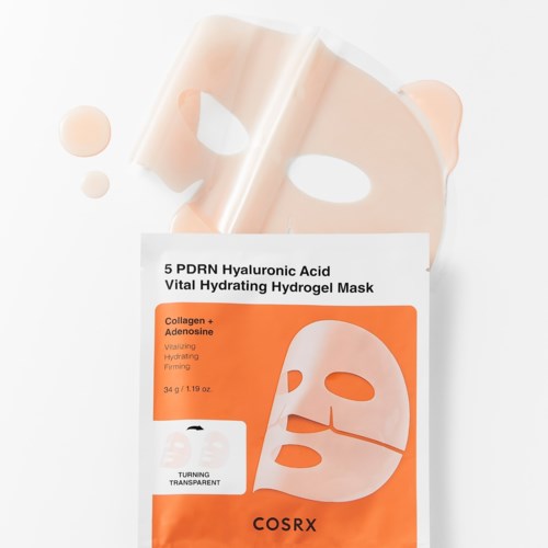 Verpakking van een hydraterend gezichtsmasker met oranje en wit, toont een maskerillustratie en productinformatie.