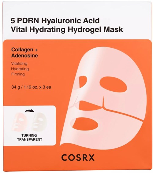 A box of facial sheet masks with orange and white packaging highlighting hyaluronic acid and collagen.