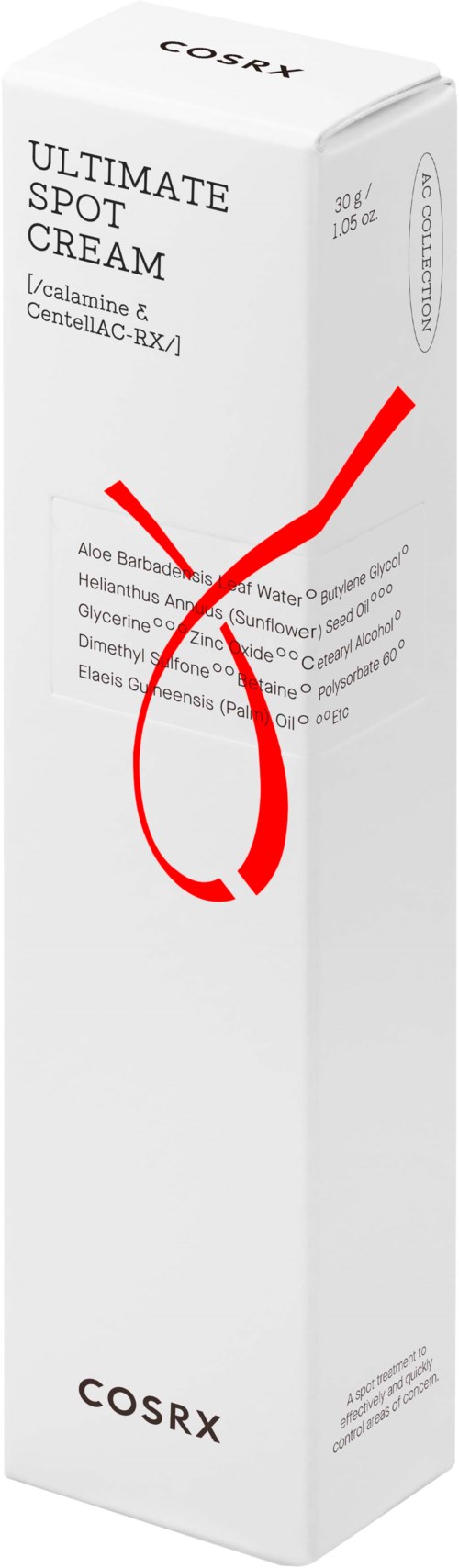 En lång vit box med orden "Ultimate Spot Cream" och en röd linjedoodle på den.