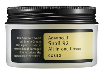 En krukke merket 'Advanced Snail 92 All in one Cream' av COSRX, laget for hudfornyelse og rynkereduksjon.
