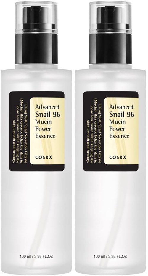 Two white bottles of skincare product labeled 'Advanced Snail 96 Mucin Power Essence' by COSRX. They have black caps.