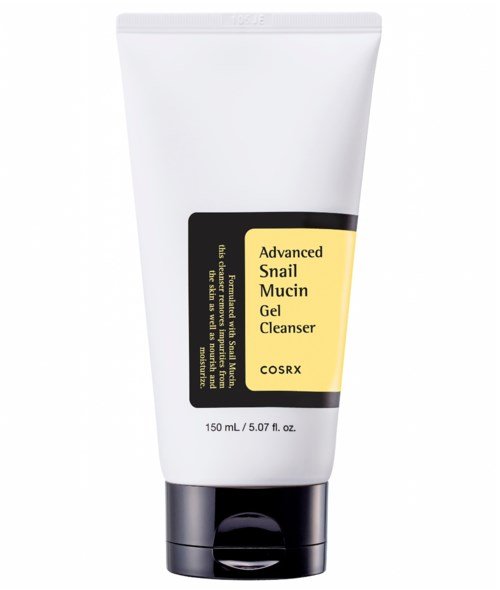 Rör av ansiktsgelrengöring med etiketten 'Advanced Snail Mucin Gel Cleanser' av COSRX.