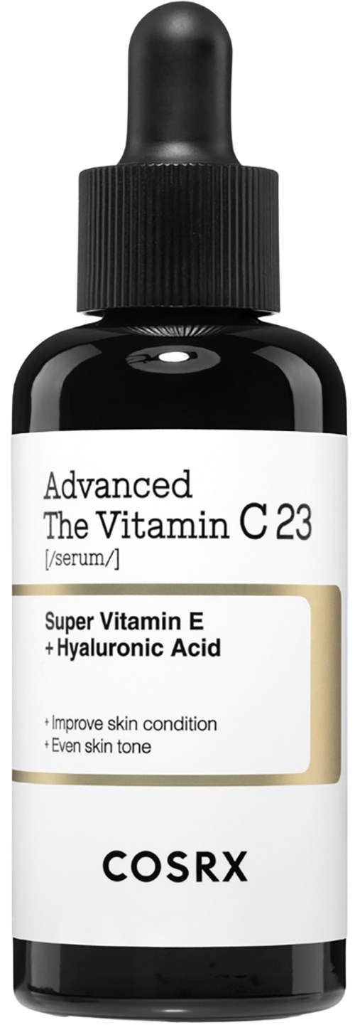 En mörk flaska med pipett innehåller ett hudserum, märkt med vitamin C, E och hyaluronsyra.