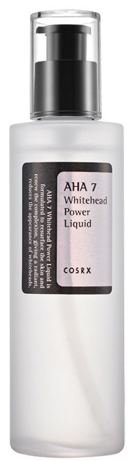 En vit flaska med svart pump, märkt 'AHA 7 Whitehead Power Liquid' av COSRX.