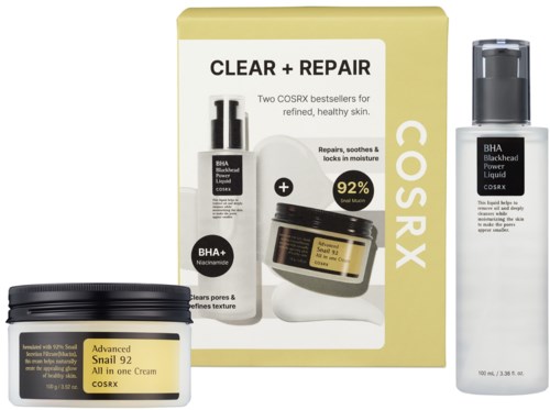 En hudplejesæt med creme, serum og en lille beholder, sandsynligvis til hudreparation og rengøring.