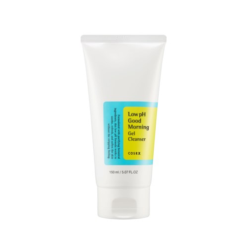 En hvid tube mærket "Low pH Good Morning Gel Cleanser" fra COSRX.