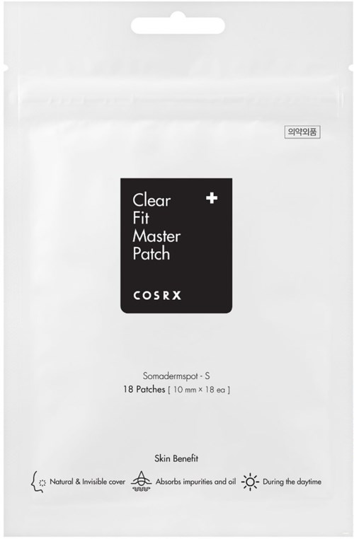 Pakning for COSRX Clear Fit Master Patch med 18 plaster, tekst om hudfordeler og bruk.