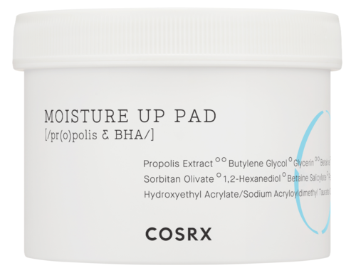 A white jar labeled Moisture Up Pad with ingredients like Propolis Extract and Glycerin. COSRX brand is at the bottom.