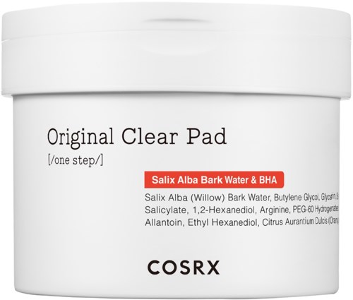 Krop vaskebæger med etiketten 'Original Clear Pad' og ingredienser samt en rød etikett med 'Salix Alba Bark Water & BHA.'