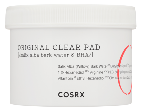 En hvid beholder mærket 'Original Clear Pad' med ingrediensliste og mærkenavnet COSRX.