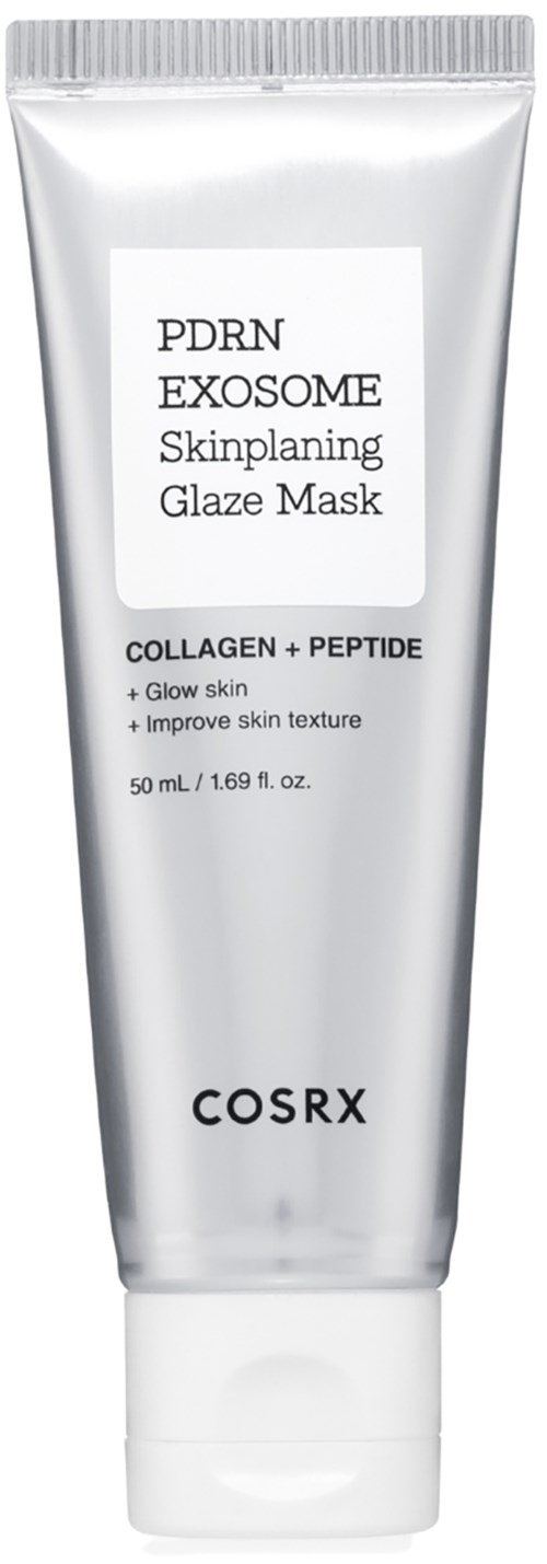 En sølvfarget tube med hudpleiemaske merket PDRN EXOSOME Skinplating Glaze Mask fra COSRX, med vekt på kollagen og peptide fordeler.