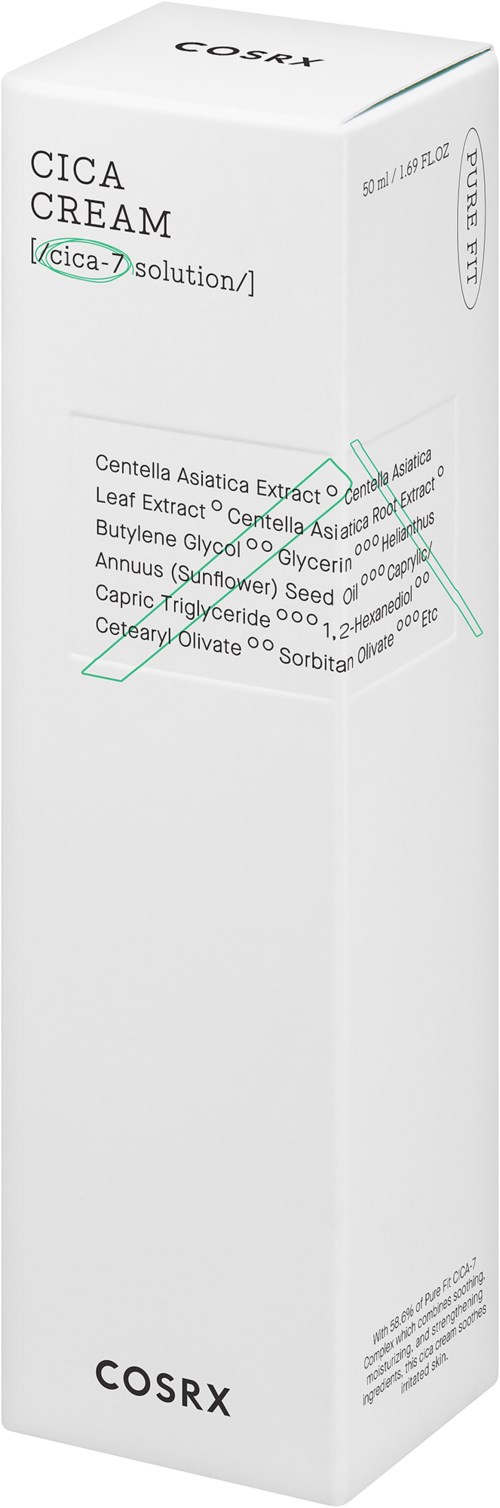 En lång, vit förpackning med text som visar att det är en hudvårdsprodukt kallad CICA CREAM från COSRX.