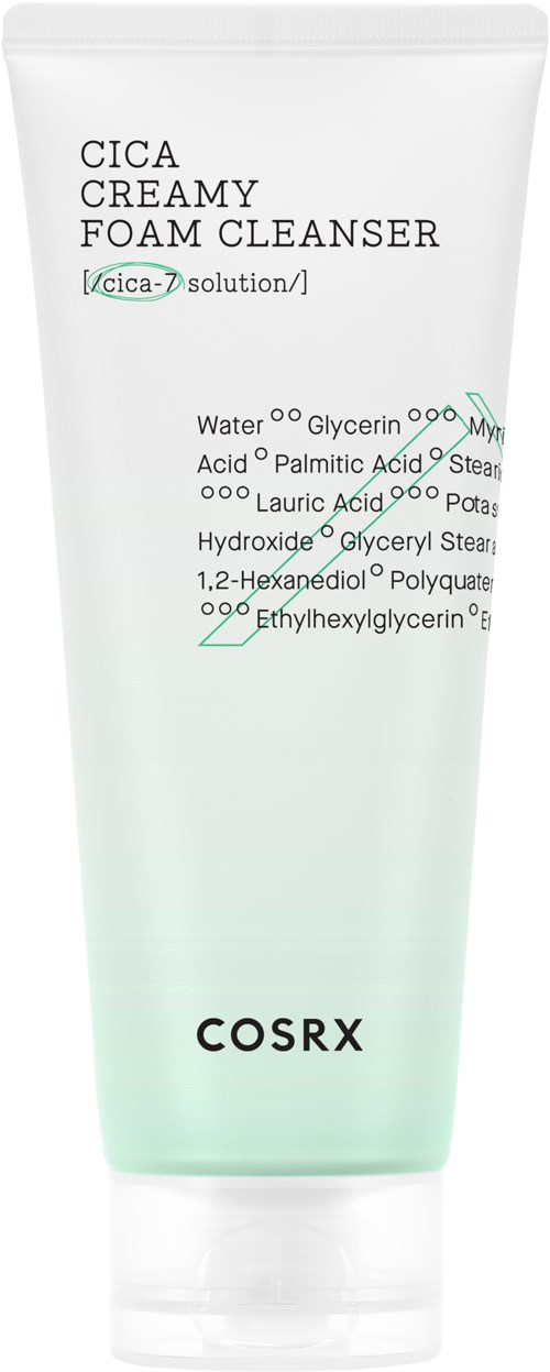 A white tube of COSRX CICA Creamy Foam Cleanser with text and chemical structure diagrams on it.