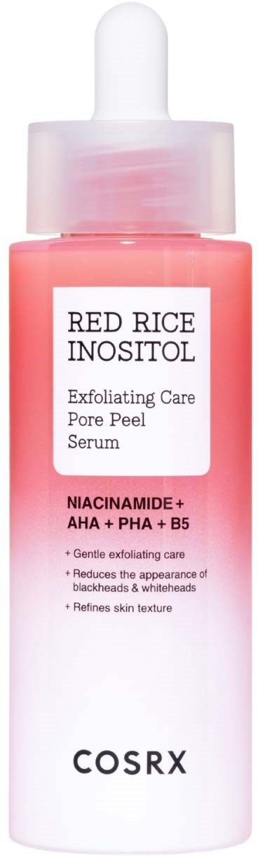 Hellrosa Hautpflege-Serum mit Tropfer, beschriftet Red Rice Inositol Exfoliating Care Pore Peel Serum, von COSRX.